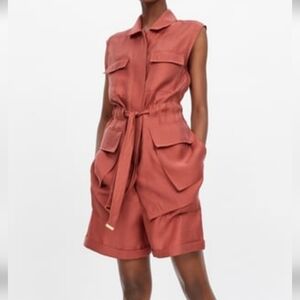 ZARA Rust Utility Dress Sleeveless Collared Tie Waist Cargo Pocket Lyocell S